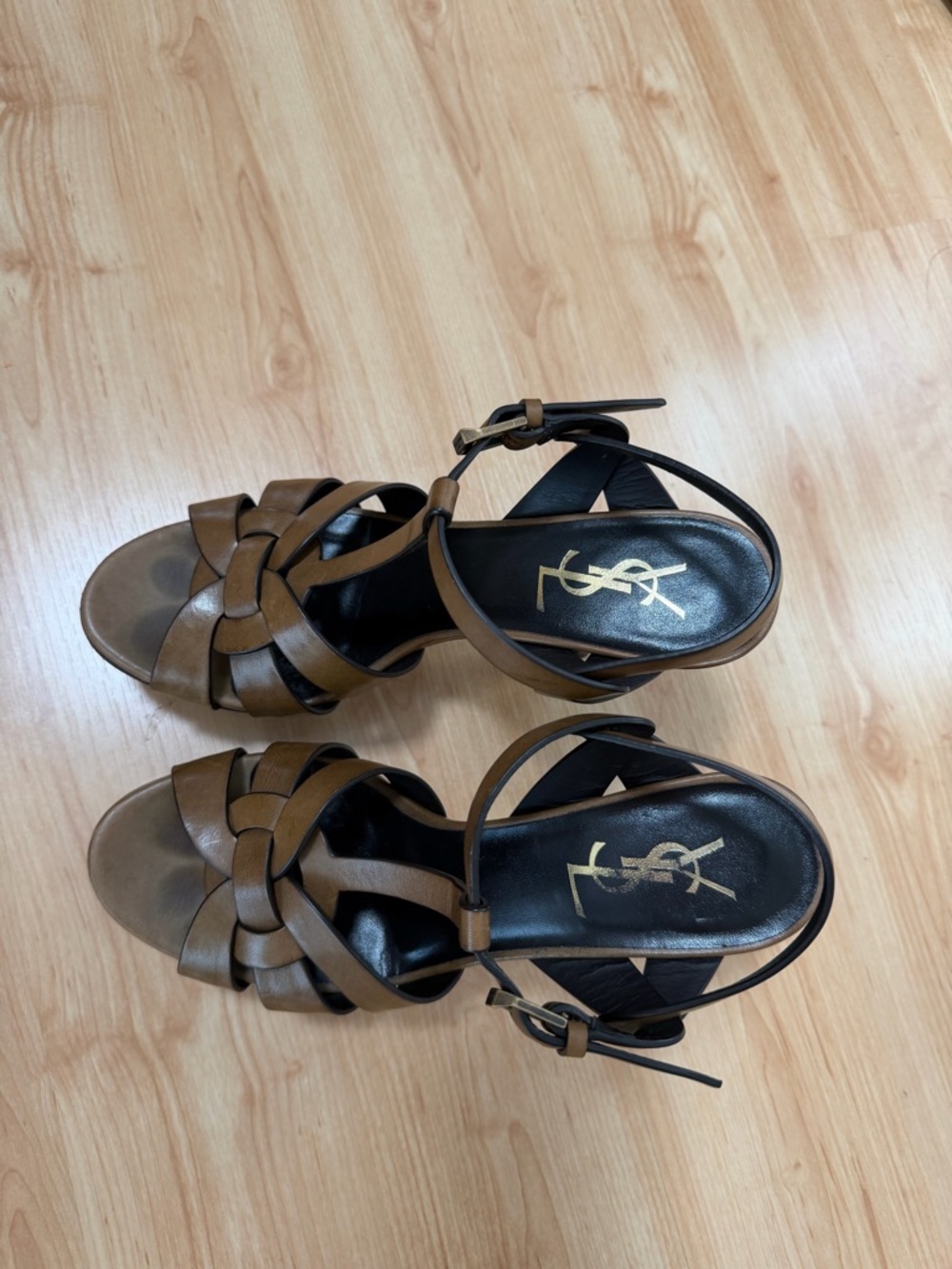 Yves Saint Laurent Brown Tribute  Braided Leather Ankle-Strap Sandals - Picture 4 of 8